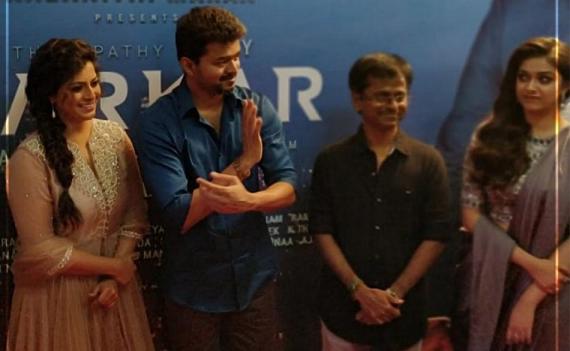 Varalaxmi Sarathkumar, Thalapathy Vijay, A R Murugadoss and Keerthy Suresh at Sarkar audio launch