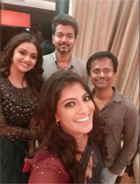 Thalapathy Vijay, Keerthy Suresh, Varalaxmi Sarathkumar and A R Murugadoss for Sarkar