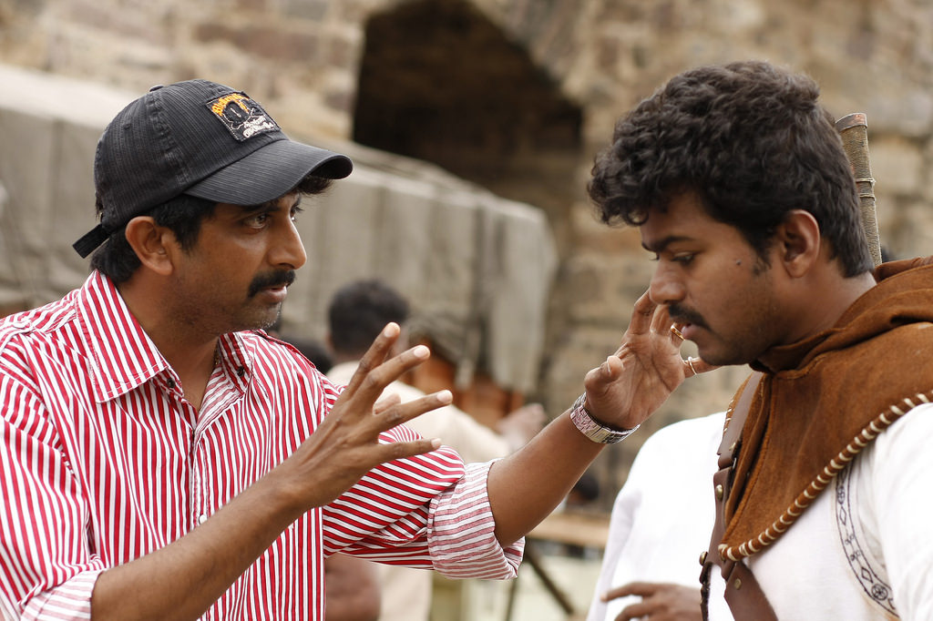 Thalapathy Vijay and director Mohan Raja during shooting of Velayudham