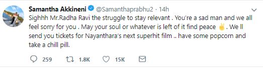 Actress Samantha Posted A Troll Tweet Against Radharavi For His Stage Speech 