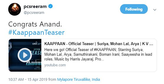 Legendry Cinematographer PC Sreeram Appreciates His Student KVAnand After Watching Kaapan Teaser