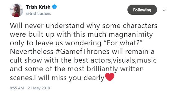 Trisha Posted A Tweet About The Ending Season Of GOT Series 