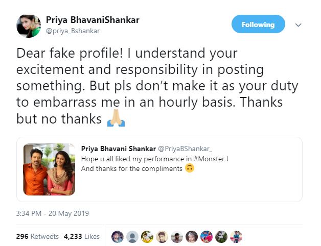 Priya Bhavani Shankar fake Twitter account 