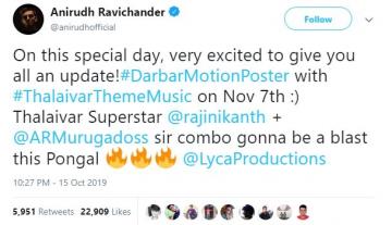 Darbar motion poster Anirudh Ravichander Darbar theme music Rajinikanth AR Murugadoss Nayanthara