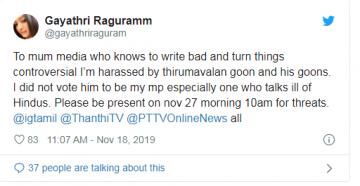 Gayathri Raghuram issues statement to attack Thol Thirumavalavan