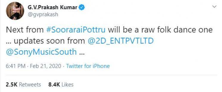 Soorarai Pottru third single will be a raw folk dance song Suriya GV Prakash Sudha Kongara