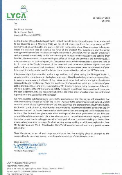 Indian 2 accident Lyca Productions Neelkant Narayanpur reply to Kamal Haasan letter Subaskaran