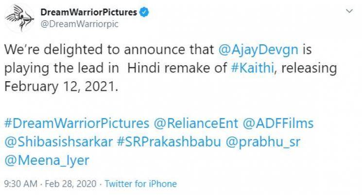 Ajay Devgn announced to play Karthi role in Kaithi Hindi remake Ajay Devgan