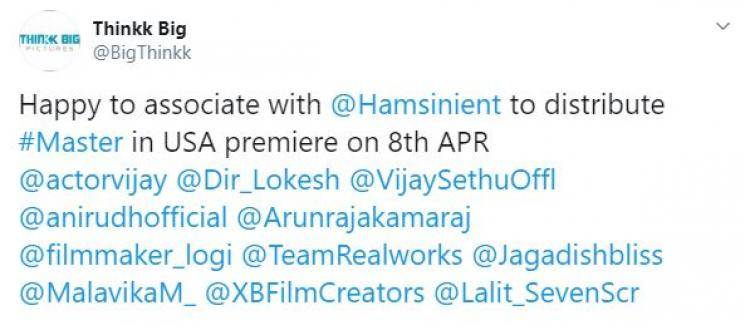 Master USA premiere April 8 Hamsini Entertainment Thinkk Big Thalapathy Vijay