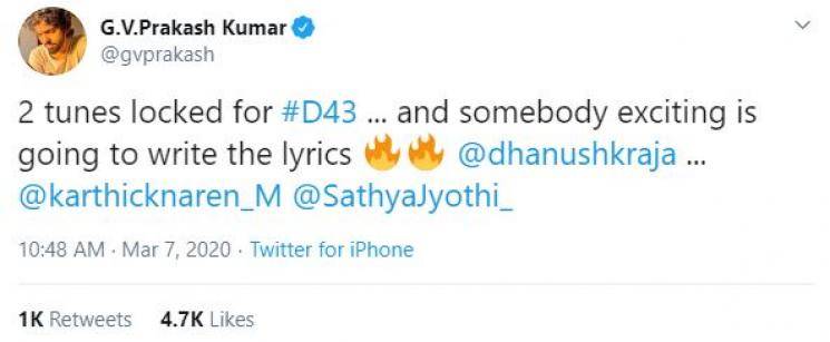 GV Prakash reveals two songs locked for Dhanush D43 Karthick Naren