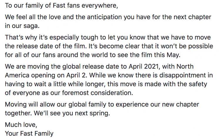 Vin Diesel F9 release postponed April 2021 fast and furious 9 coronavirus
