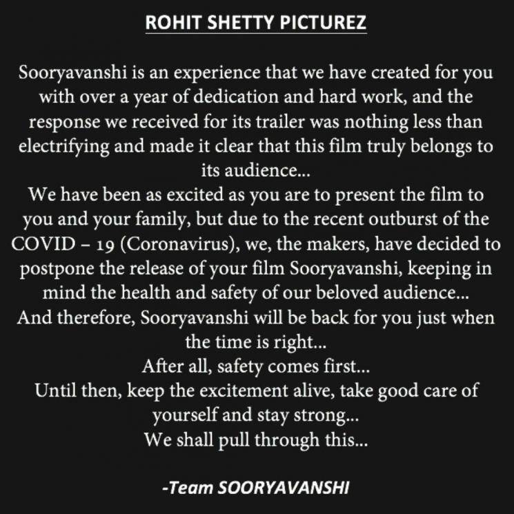 Akshay Kumar Sooryavanshi postponed due to coronavirus Rohit Shetty Ajay Devgn Ranveer Singh Katrina Kaif