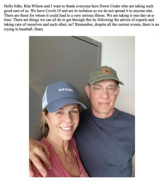 Coronavirus affected Tom Hanks shares first picture Rita Wilson