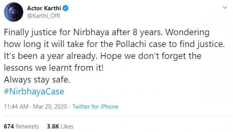 nirbhaya case judgement karthi asks justice for pollachi sexual assault case