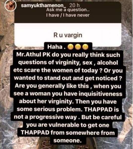 Samyuktha Menon slams Instagram follower for question on virginity