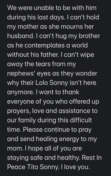 Crazy Rich Asians actor Nico Santos mourns stepfather coronavirus Tito Sonny