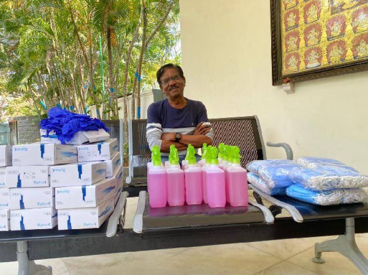 Director Bharathiraja donates masks gloves hand sanitizers