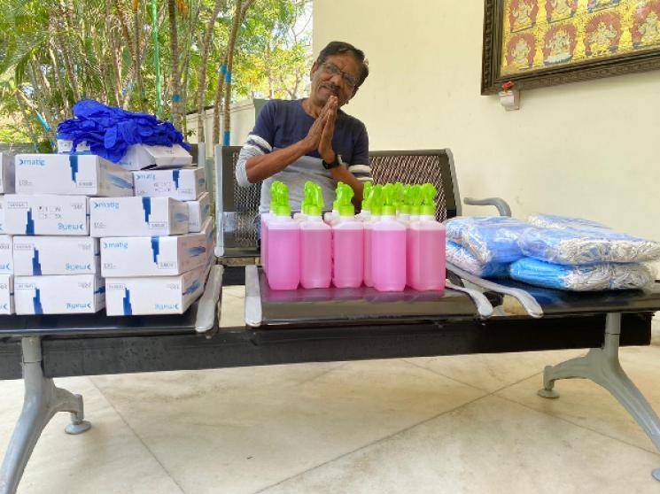 Director Bharathiraja donates masks gloves hand sanitizers