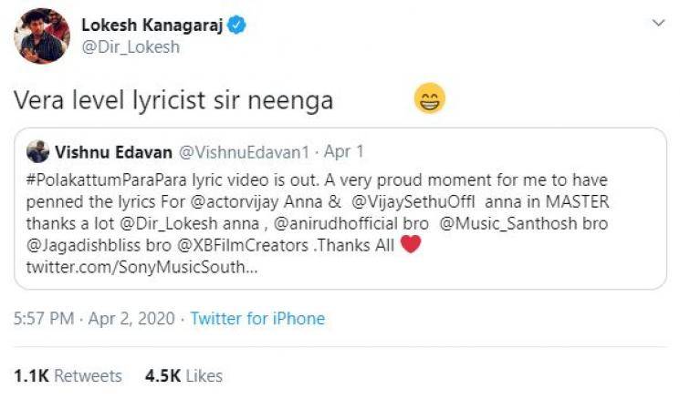 Master director Lokesh Kanagaraj praises lyricist Vishnu Edavan Thalapathy Vijay Anirudh Vijay Sethupathi