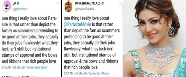 Urvashi Rautela spokesperson copy paste Parasite movie tweet