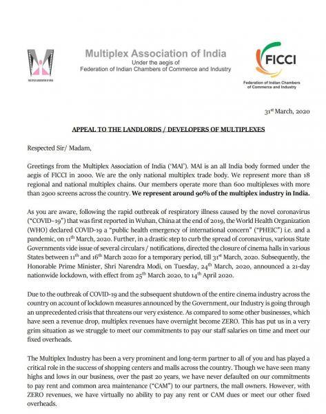 Multiplex Association of India requests landlords to waive off rent and maintenance