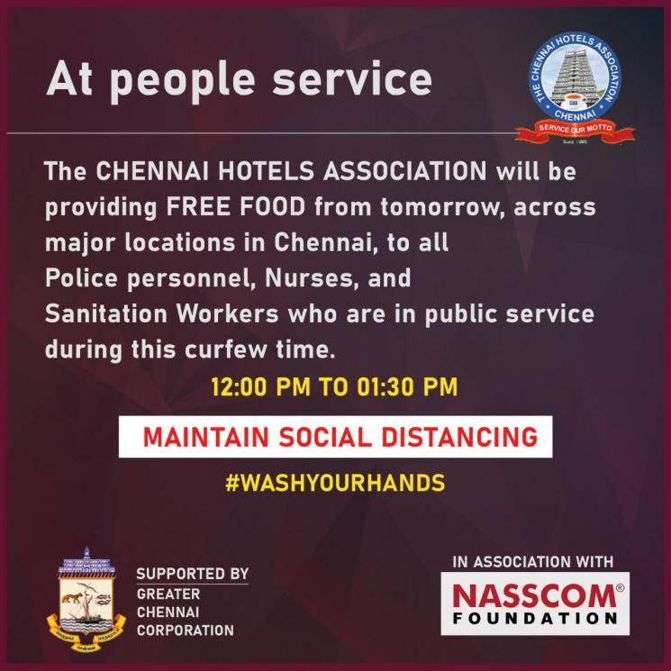 Chennai Hotels Association to provide free food for people in public service