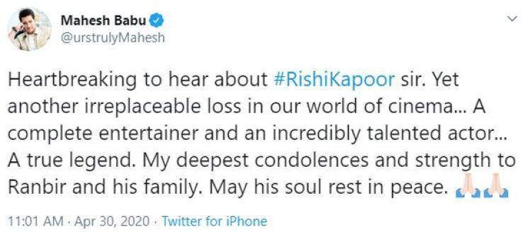 Rishi Kapoor Death Celebrities Mourn Tweets