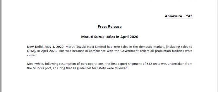 Maruti Suzuki reports zero sales due to coronavirus lockdown