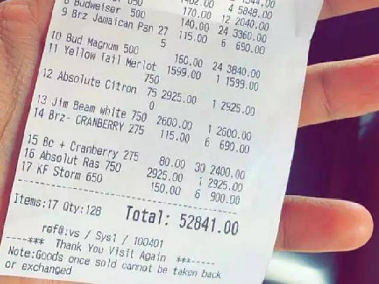 Liquor bill exceeding Rs. 50,000 goes viral & vendor gets booked by Excise Department!