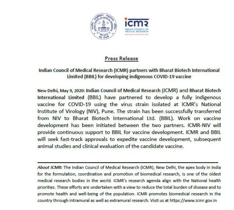 ICMR partners with BBIL for developing desi COVID19 vaccine