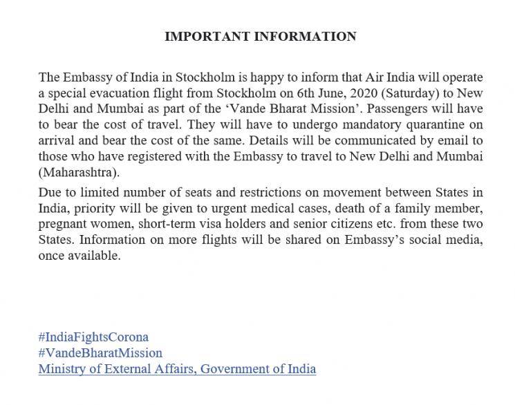 Air India to operate special flight from Sweden on June 6th!