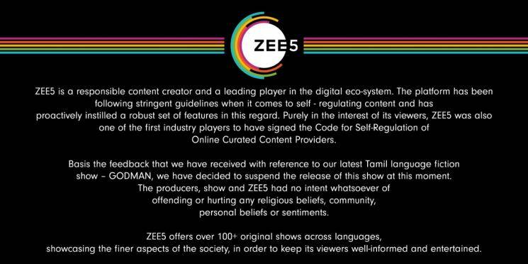 Zee5 Statement Regarding Godman Webseries