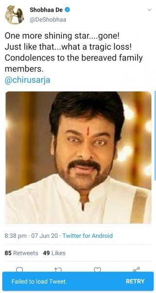 Tollywood erupts as journalist Shobhaa De mistakenly posts condolences for Megastar Chiranjeevi!