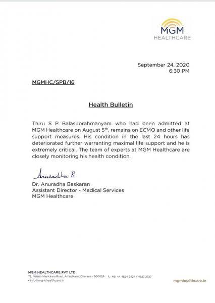 spb balasubrahmanyam is extremely critical says mgm hospital