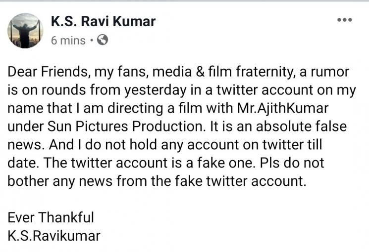 KS Ravikumar Denies Rumors Ajith Sun Pictures Film