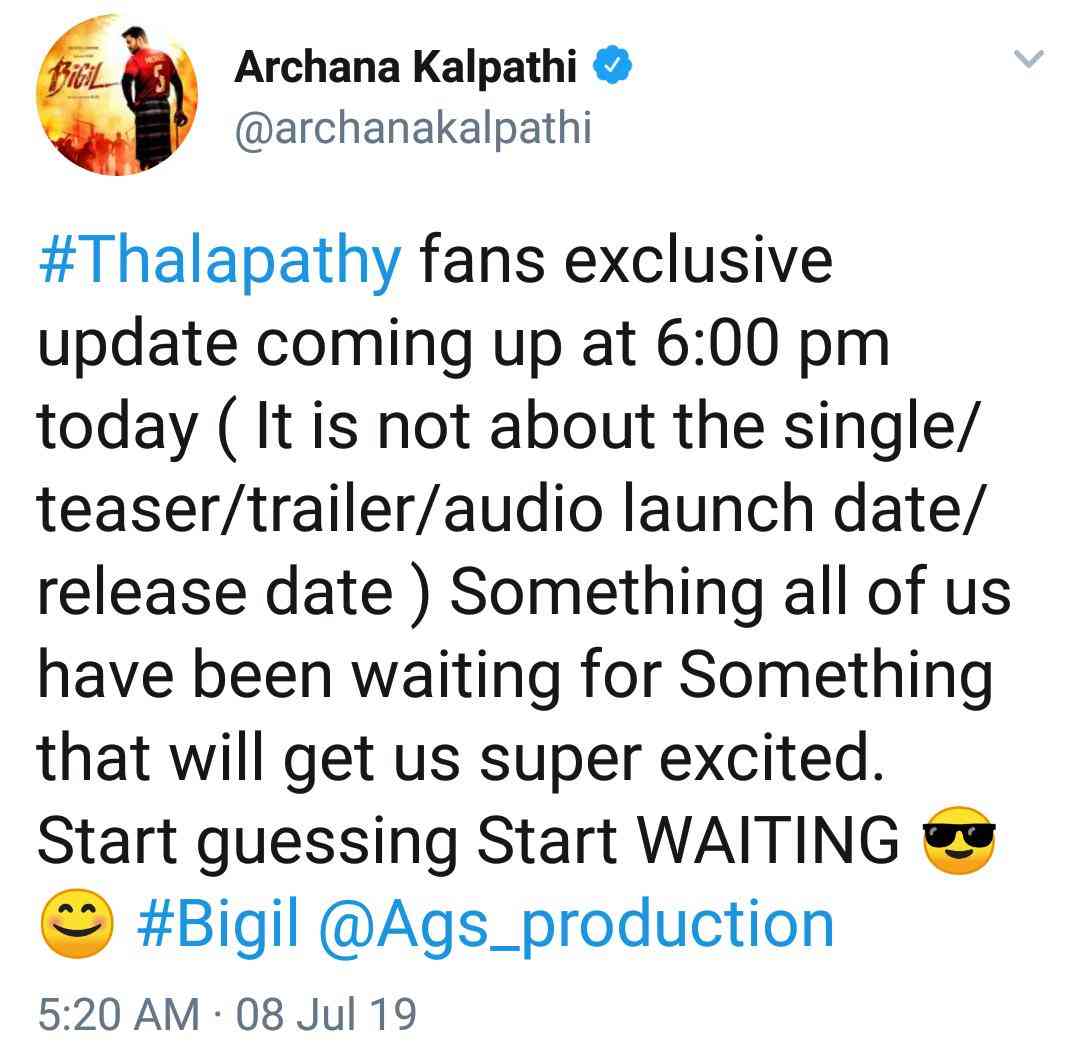 Thalapathy Vijay Bigil Update Today Eveneing Archana Kalpathi Makes an Important Announcement