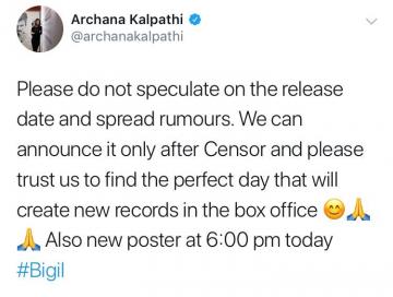 Bigil ReleaseDate Confusion Archana Kalpathi Tweet