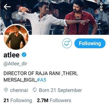 Bigil Director Atlee Changes Bio in Twitter A5 SRK
