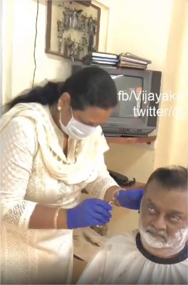 Premalatha Vijayakanth Help Vijayakanth in Shaving