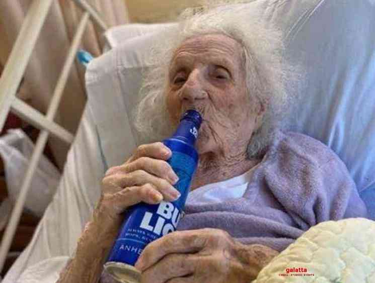 103 year old woman celebrates beating corona with a cold beer - Tamil Movie Cinema News