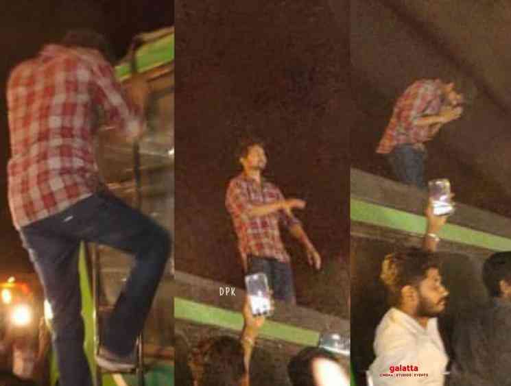 Vijay climbs on top of a bus for fans at Master shooting spot - Tamil Movie Cinema News